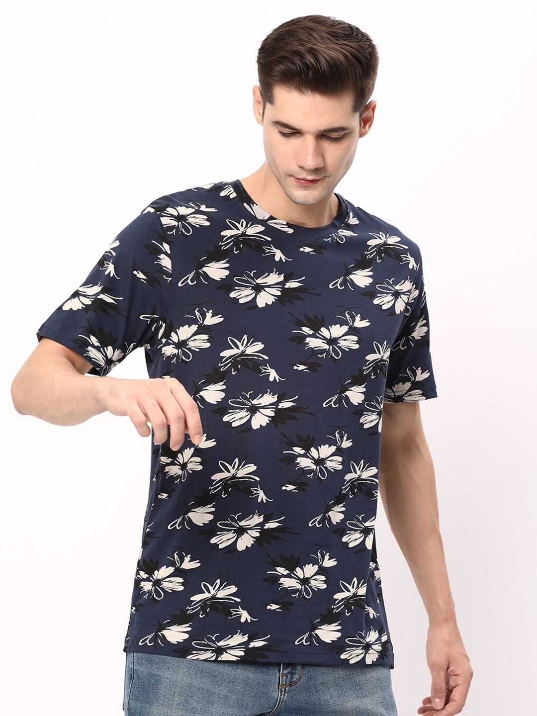 

R&B Floral Printed Cotton T-shirt, Blue