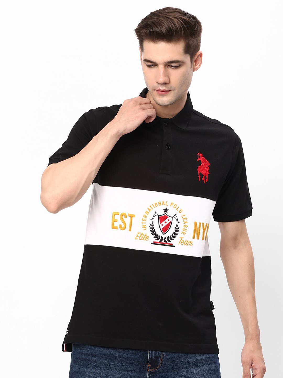 

R&B Colourblocked Polo Collar Cotton T-shirt, Black