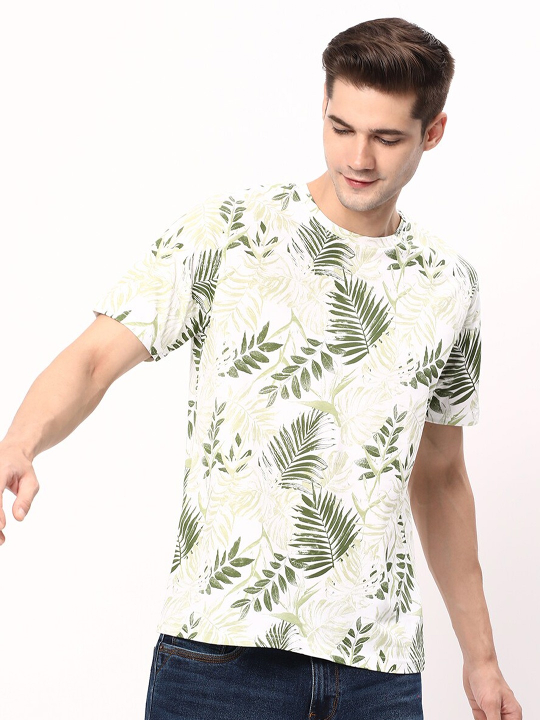 

R&B Tropical Printed Cotton Casual T-shirt, White