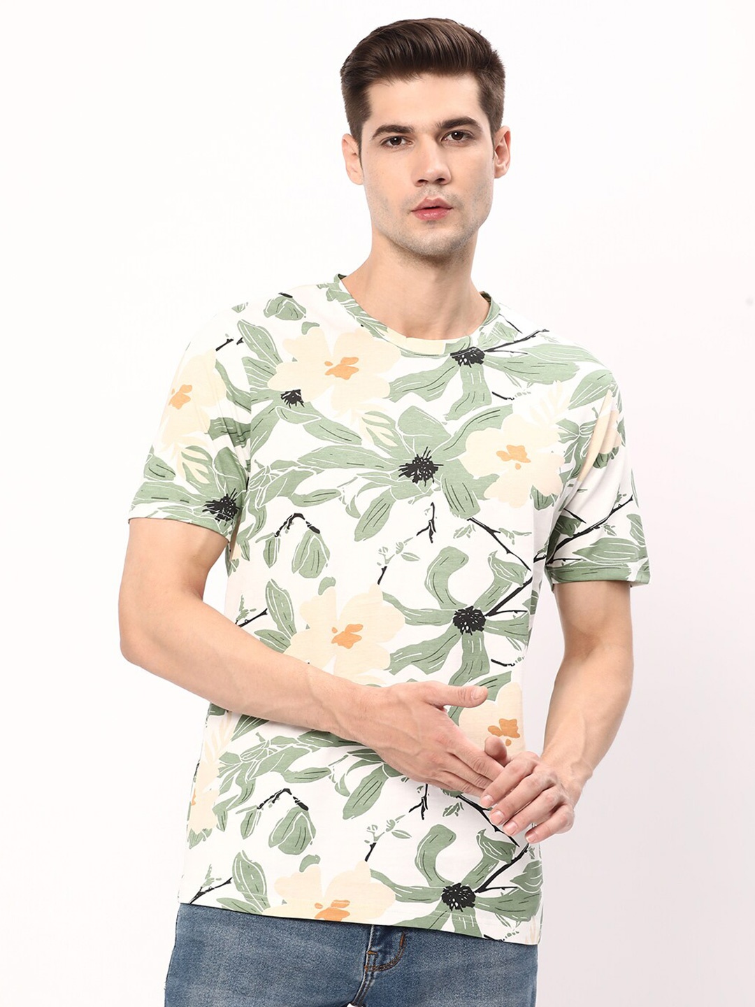 

R&B Floral Printed Cotton T-shirt, White