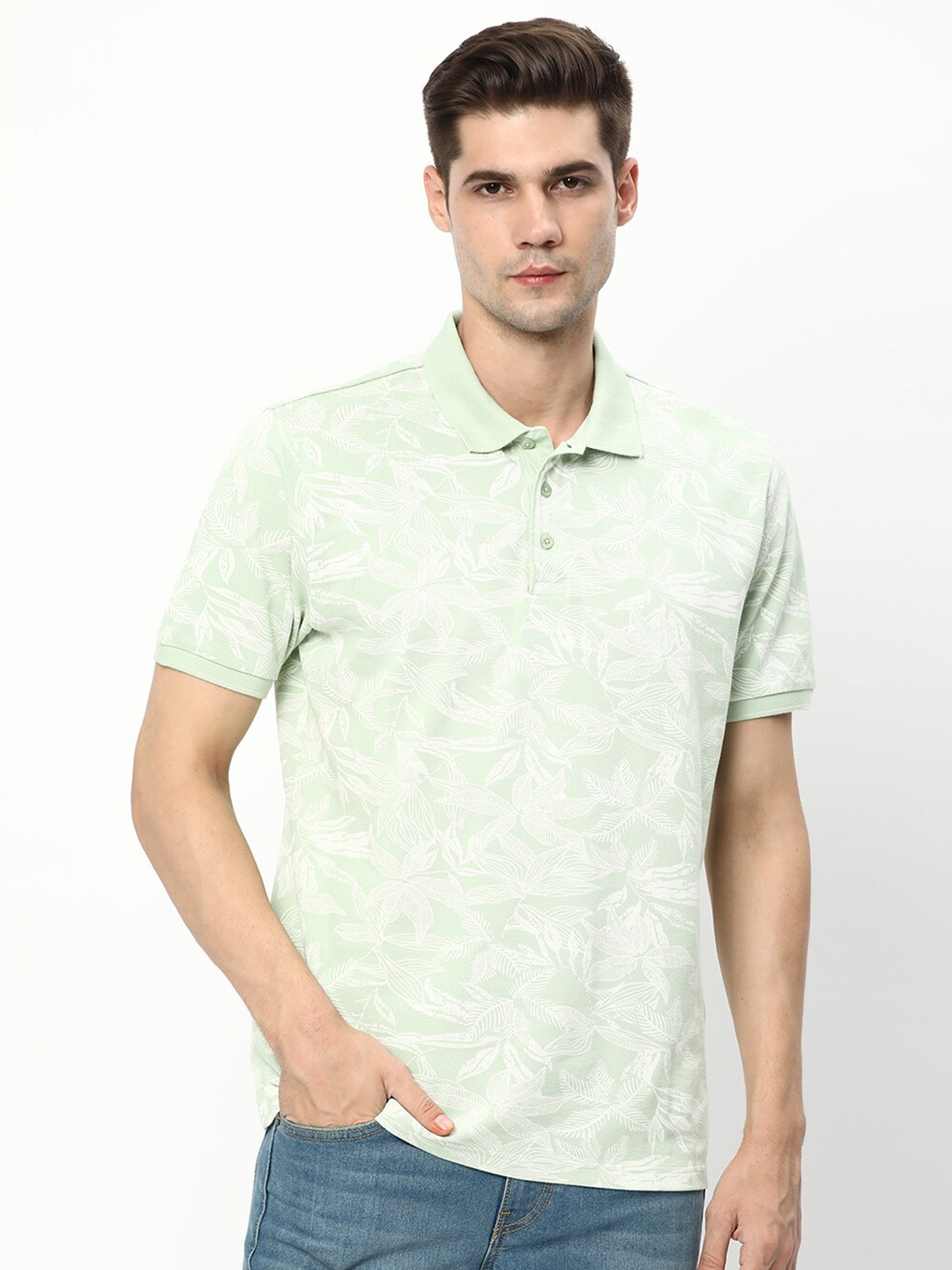 

R&B Tropical Printed Polo Collar Cotton T-shirt, Green