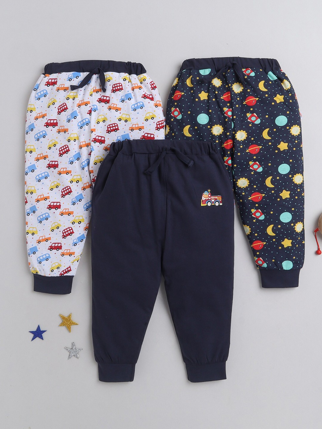 

BUMZEE Boys Pack Of 3 Printed Cotton Joggers, White