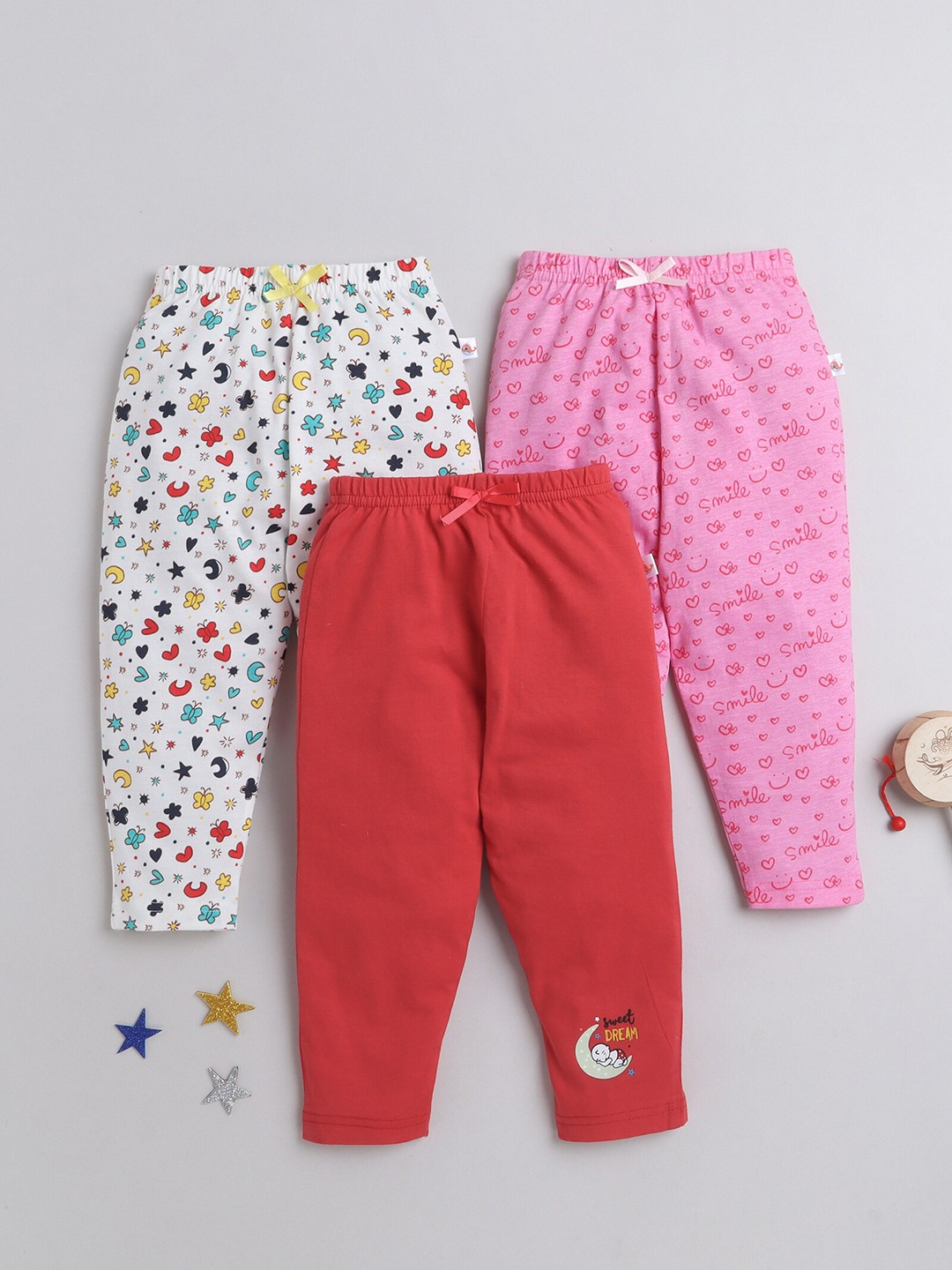 

BUMZEE Girls Pack Of 3 Printed Cotton Track Pants, Red