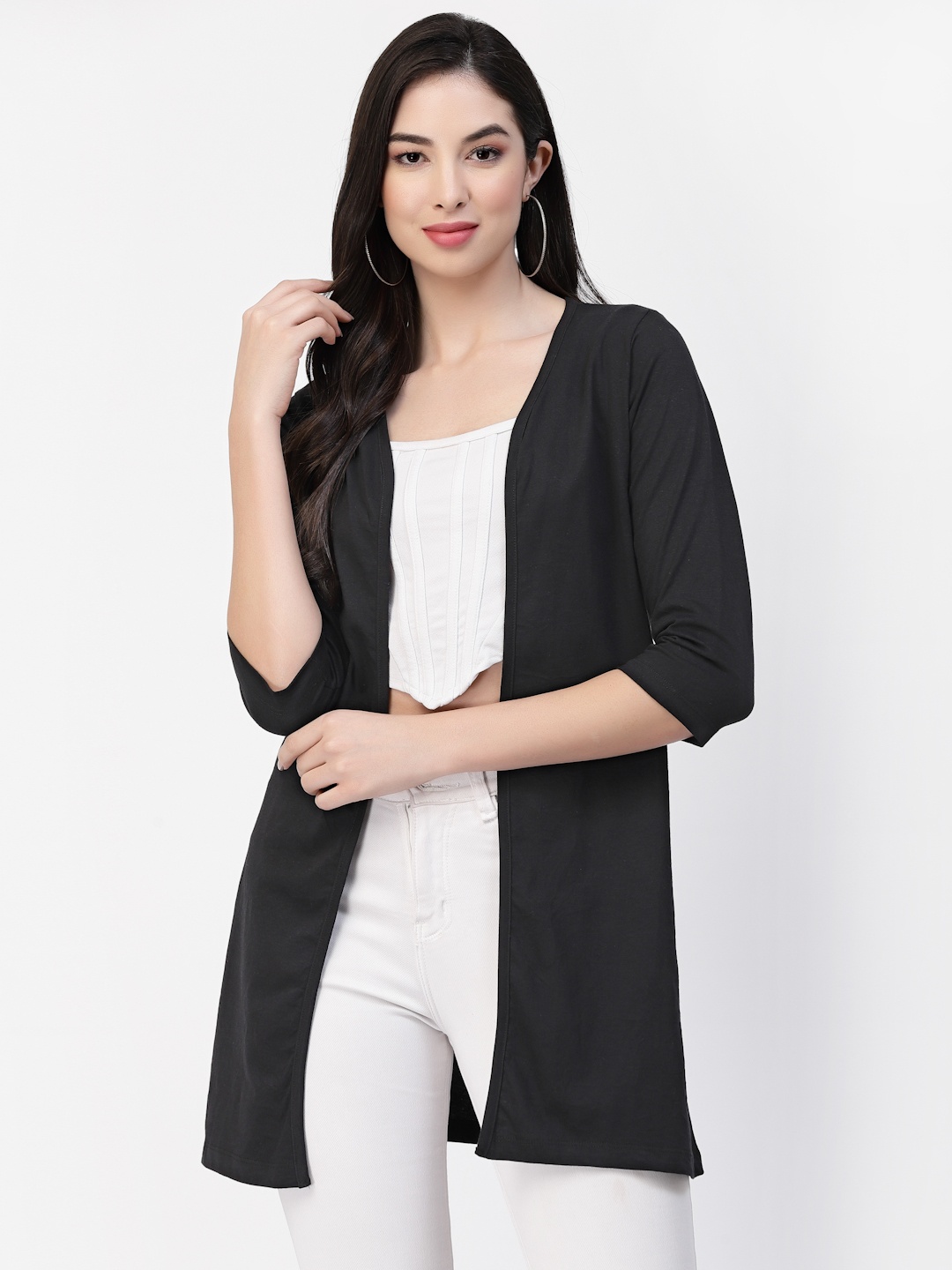 

Kalt Three-Quarter Sleeves Longline Open Front Shrug, Black