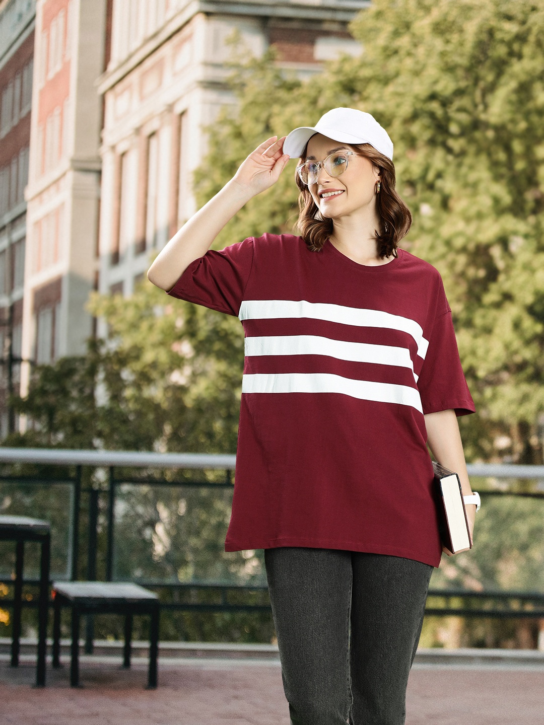 

Harvard Striped Drop-Shoulder Sleeves Pure Cotton Oversized T-shirt, Maroon