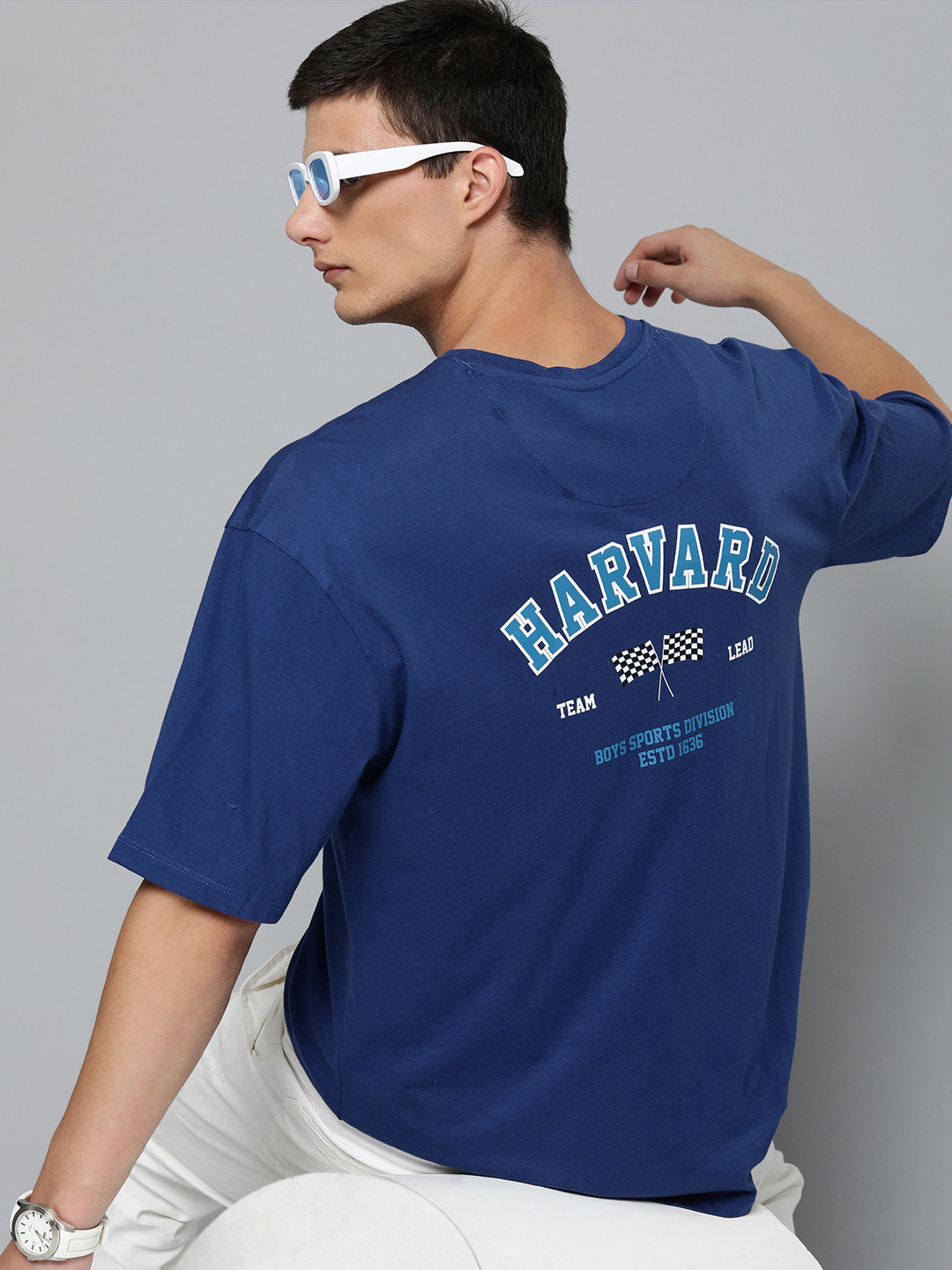 

Harvard Typography Printed Drop-Shoulder Sleeves Cotton T-shirt, Blue