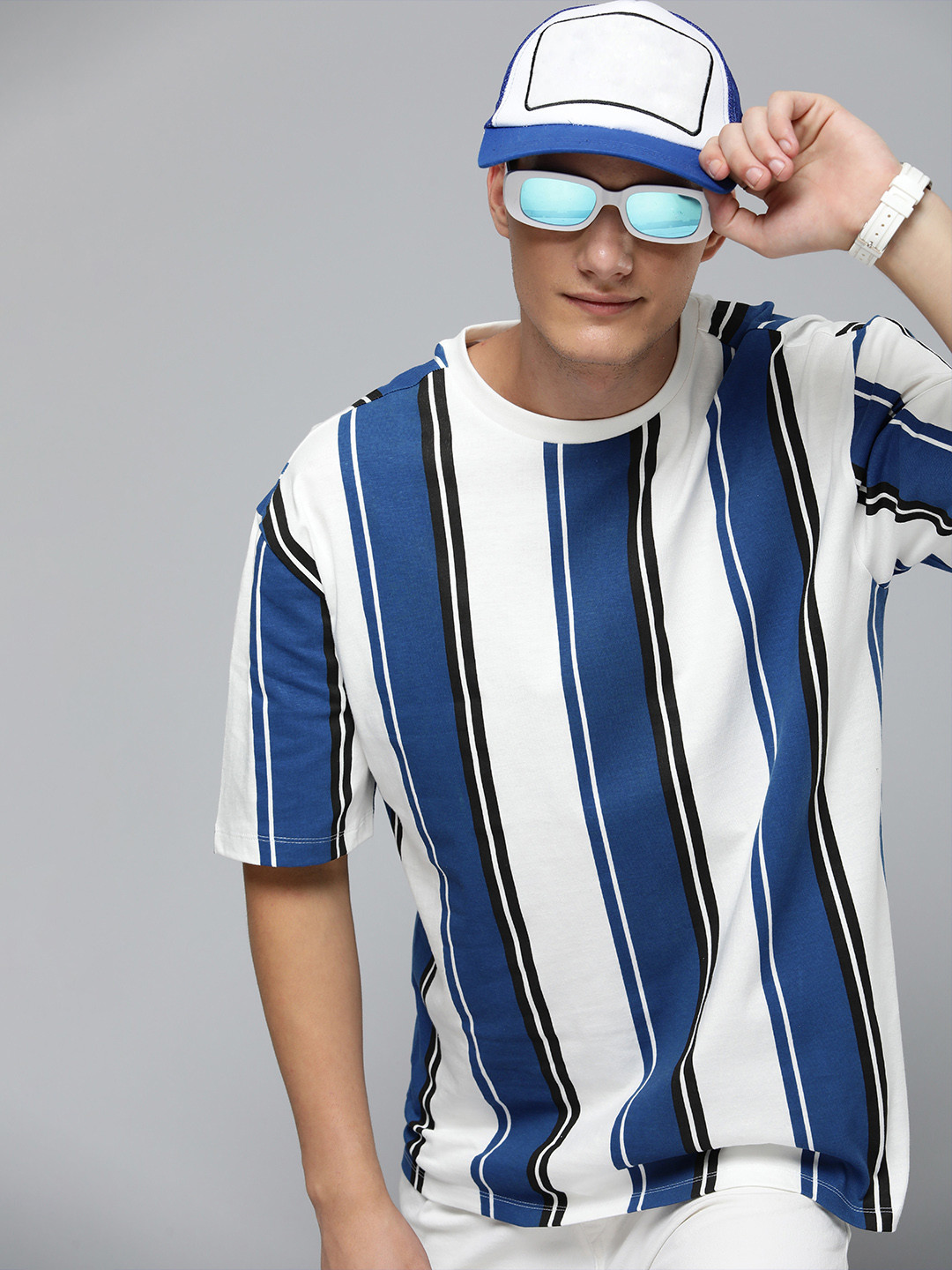 

Harvard Striped Drop-Shoulder Sleeves Pure Cotton T-shirt, Blue