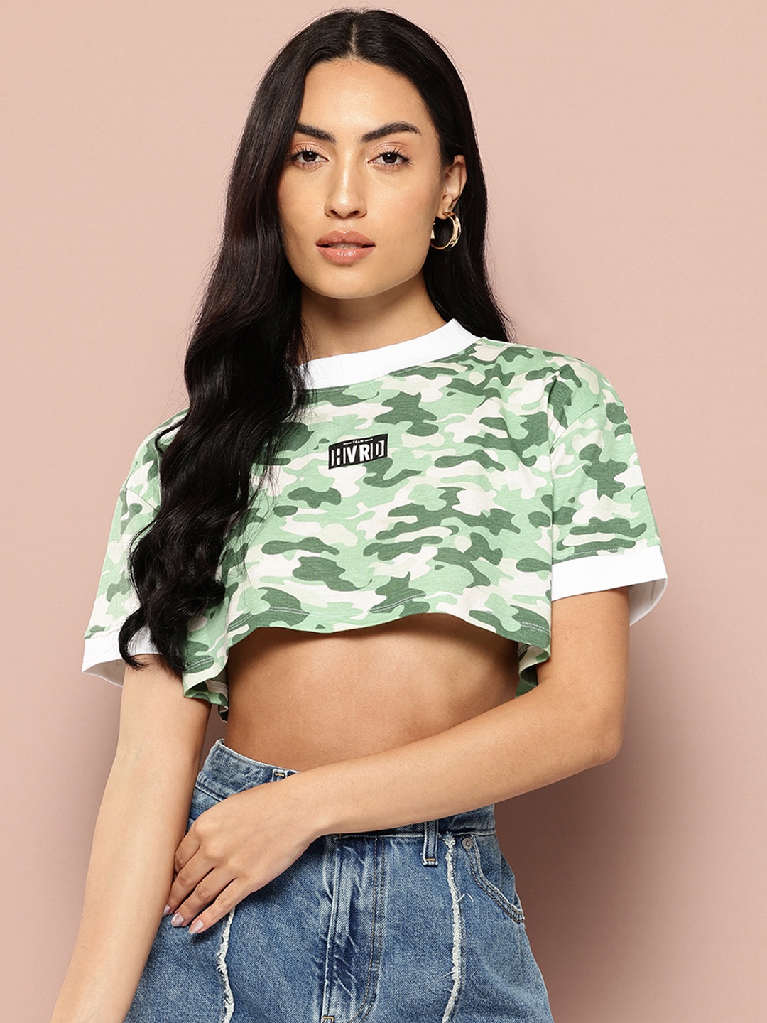 

Harvard Pure Cotton Camouflage Printed Crop T-shirt, Green