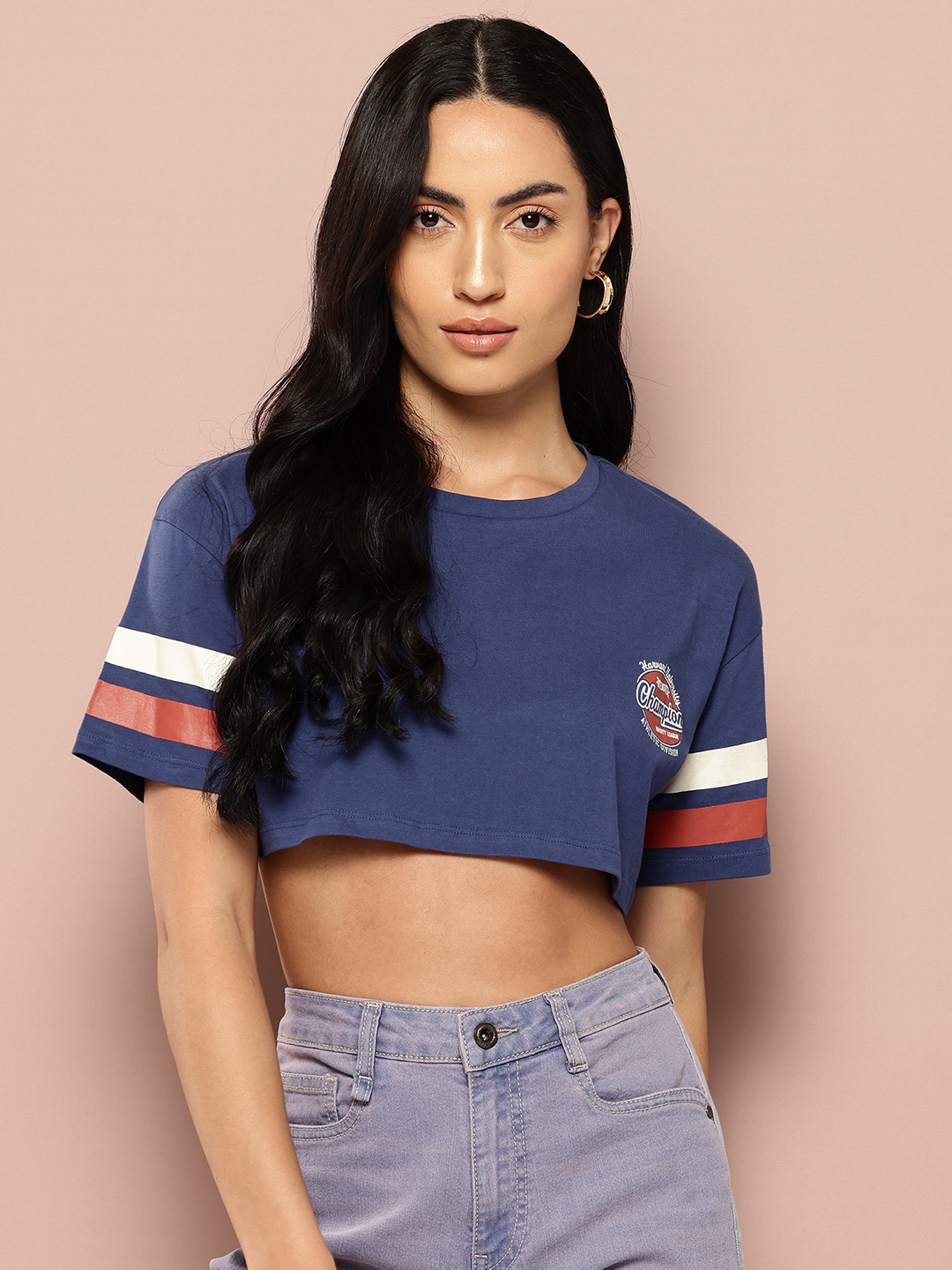 

Harvard Drop-Shoulder Sleeves Pure Cotton Oversized Crop T-shirt, Blue