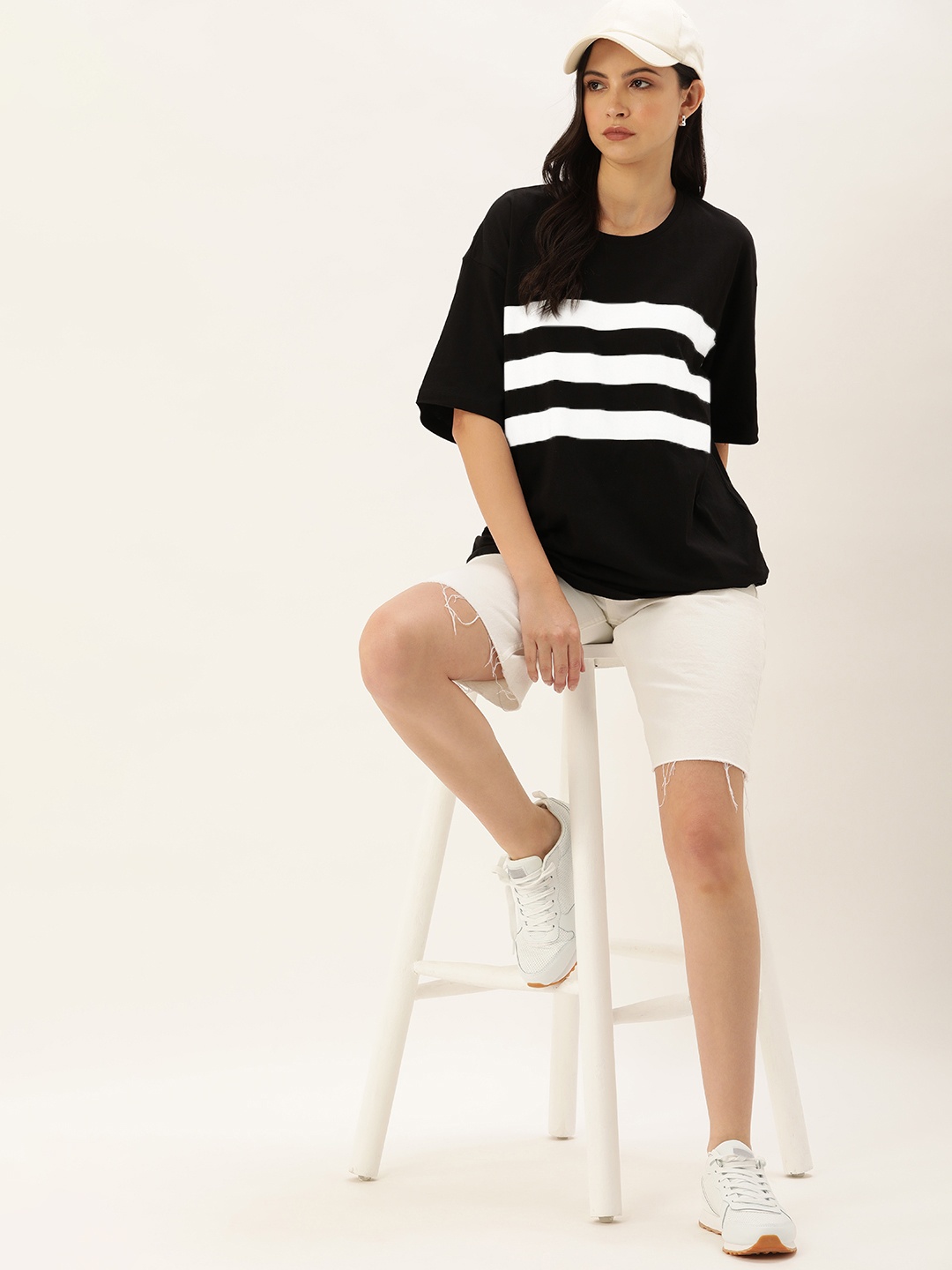 

Harvard Striped Drop-Shoulder Sleeves Pure Cotton Oversized T-shirt, Black