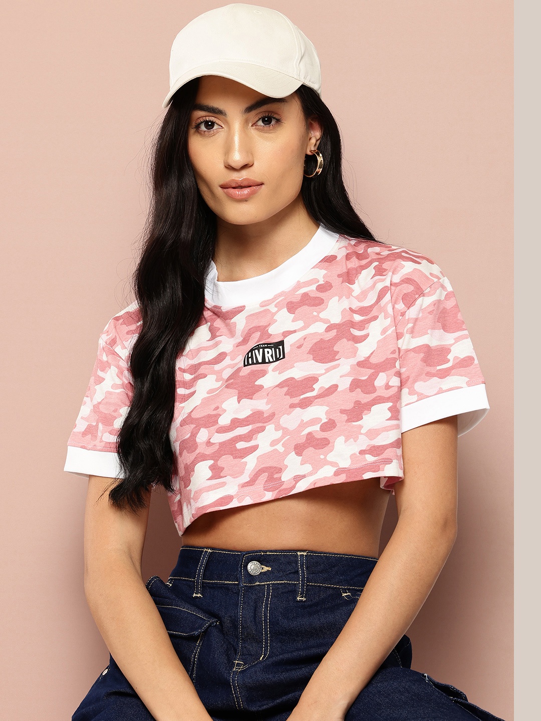 

Harvard Pure Cotton Camouflage Printed Crop T-shirt, Rose gold