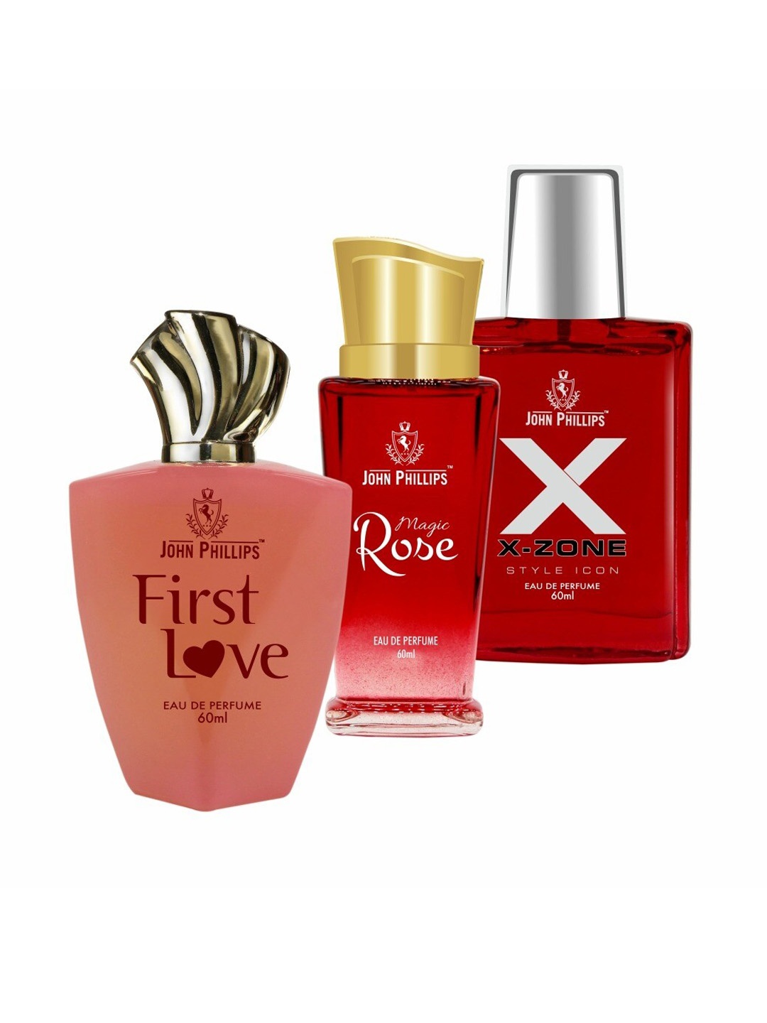 

JOHN PHILLIPS Set Of 3 First Love - Magic Rose & XX-Zone Eau De Perfumes 60ml Each, Red