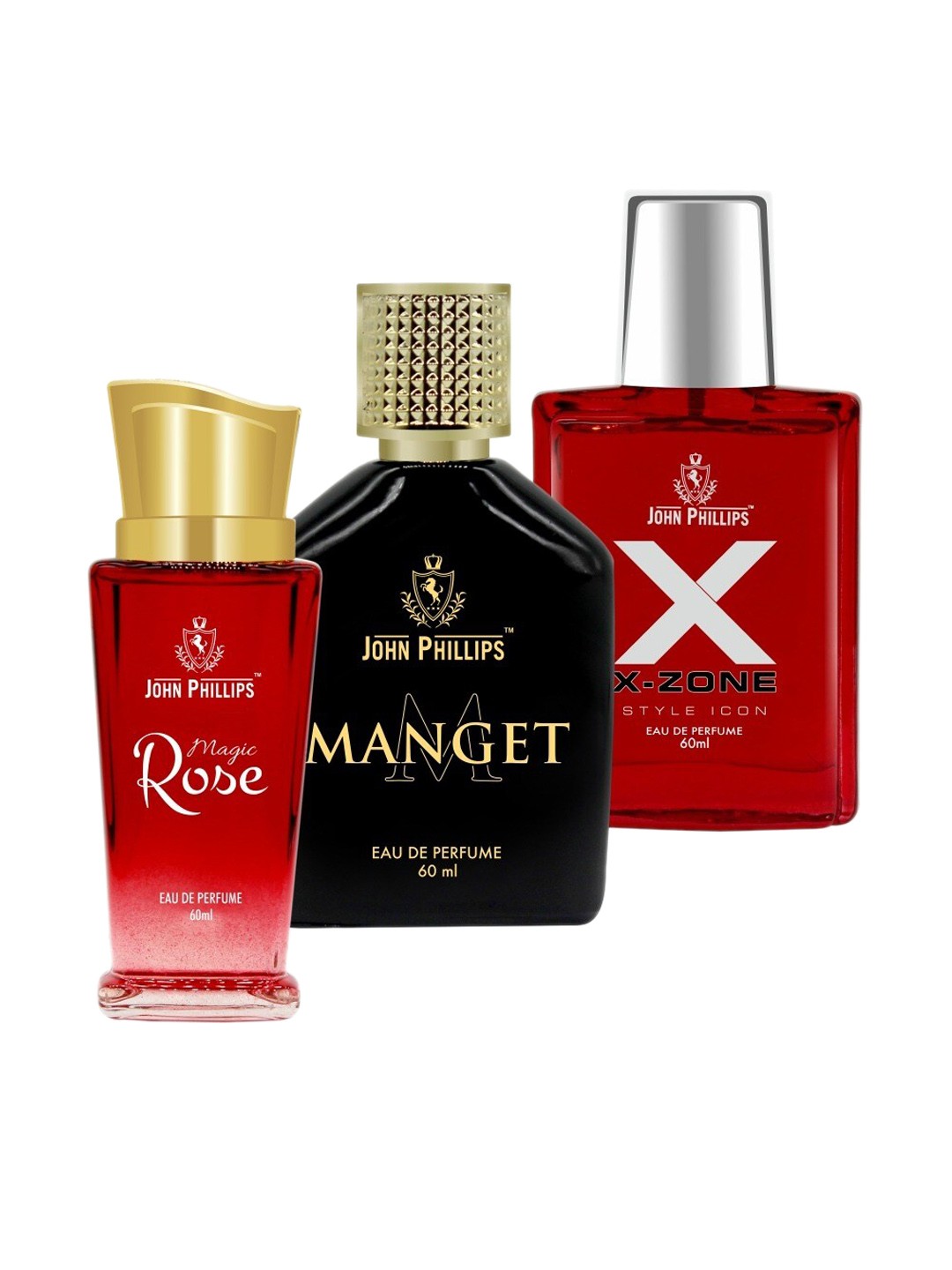 

JOHN PHILLIPS Set Of 3 Magic Rose- Manget & XX-Zone Long LastingEau De Perfumes 60ml Each, Red