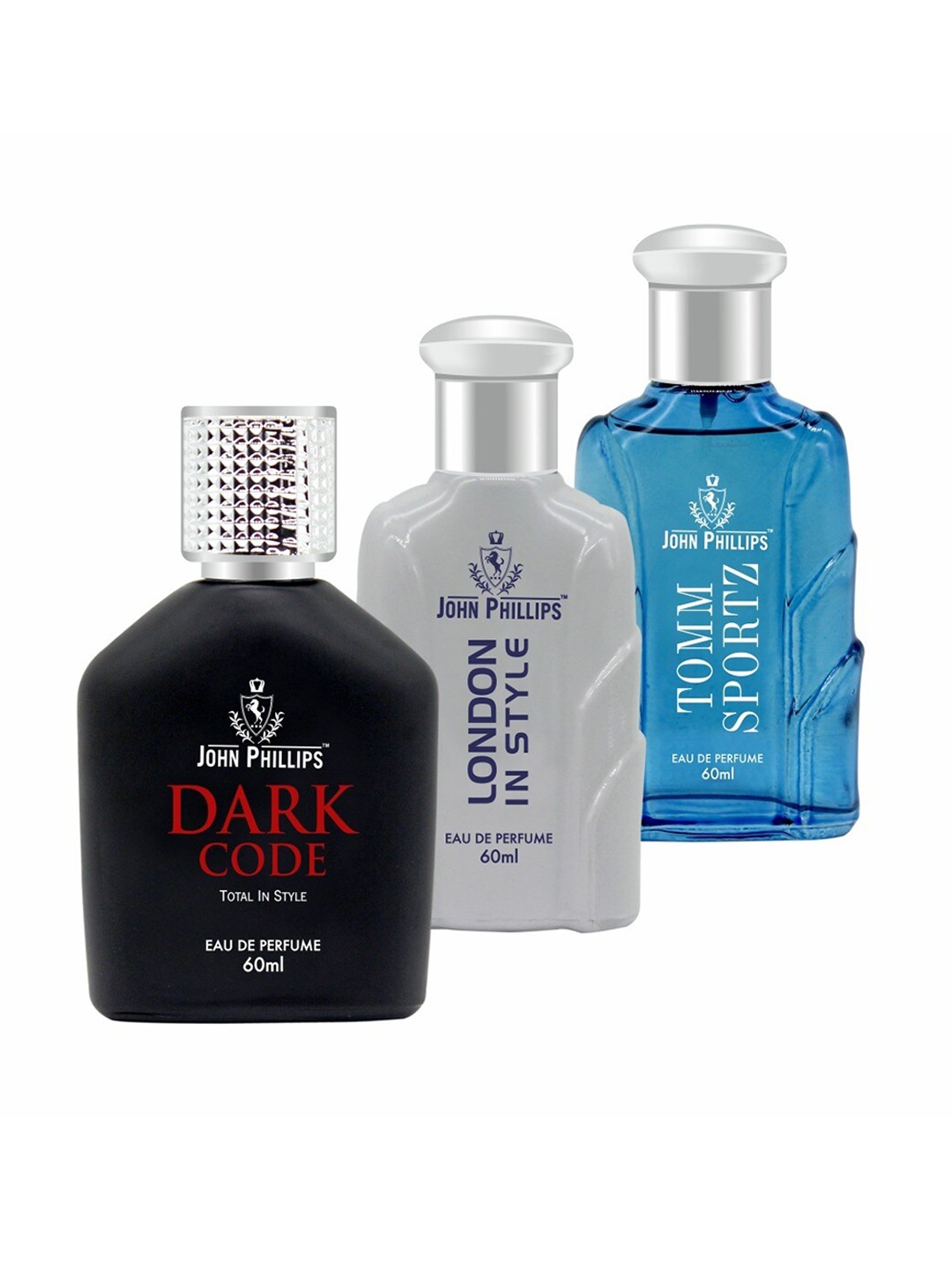 

JOHN PHILLIPS Set Of 3 Dark Code - London In Style & Tomm Sportz Eau De Perfumes 60mlEach, Grey