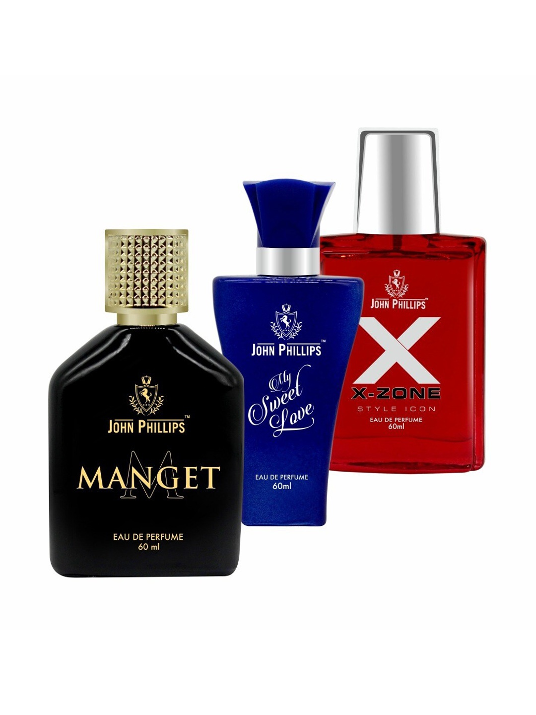 

JOHN PHILLIPS Set of 3 Eau De Parfum - Manget + My Sweet Love + XX-Zone - 60ml Each, Black