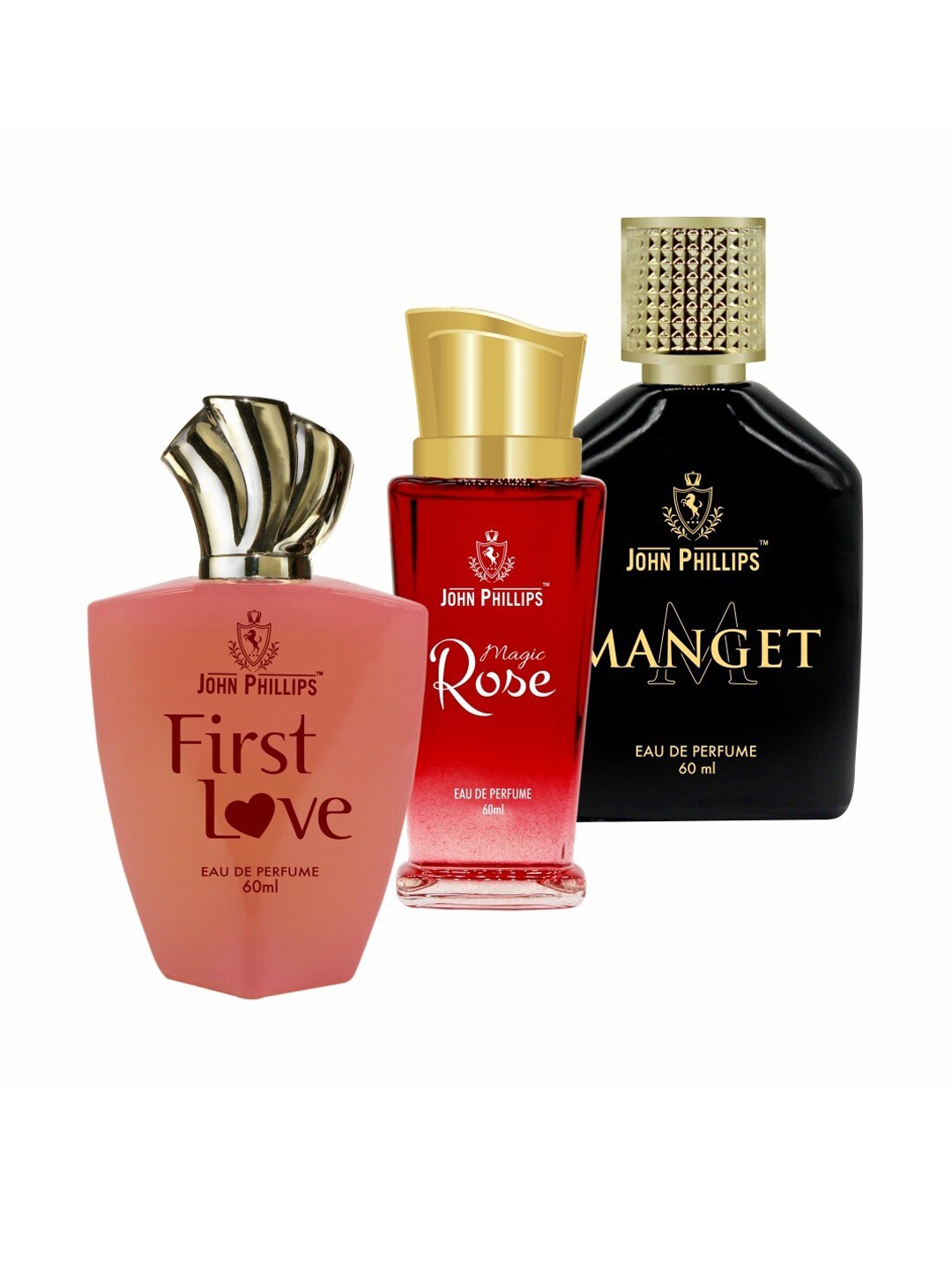 

JOHN PHILLIPS Set of 3 Eau De Parfum - First Love + Magic Rose + Manget - 60ml Each, Red