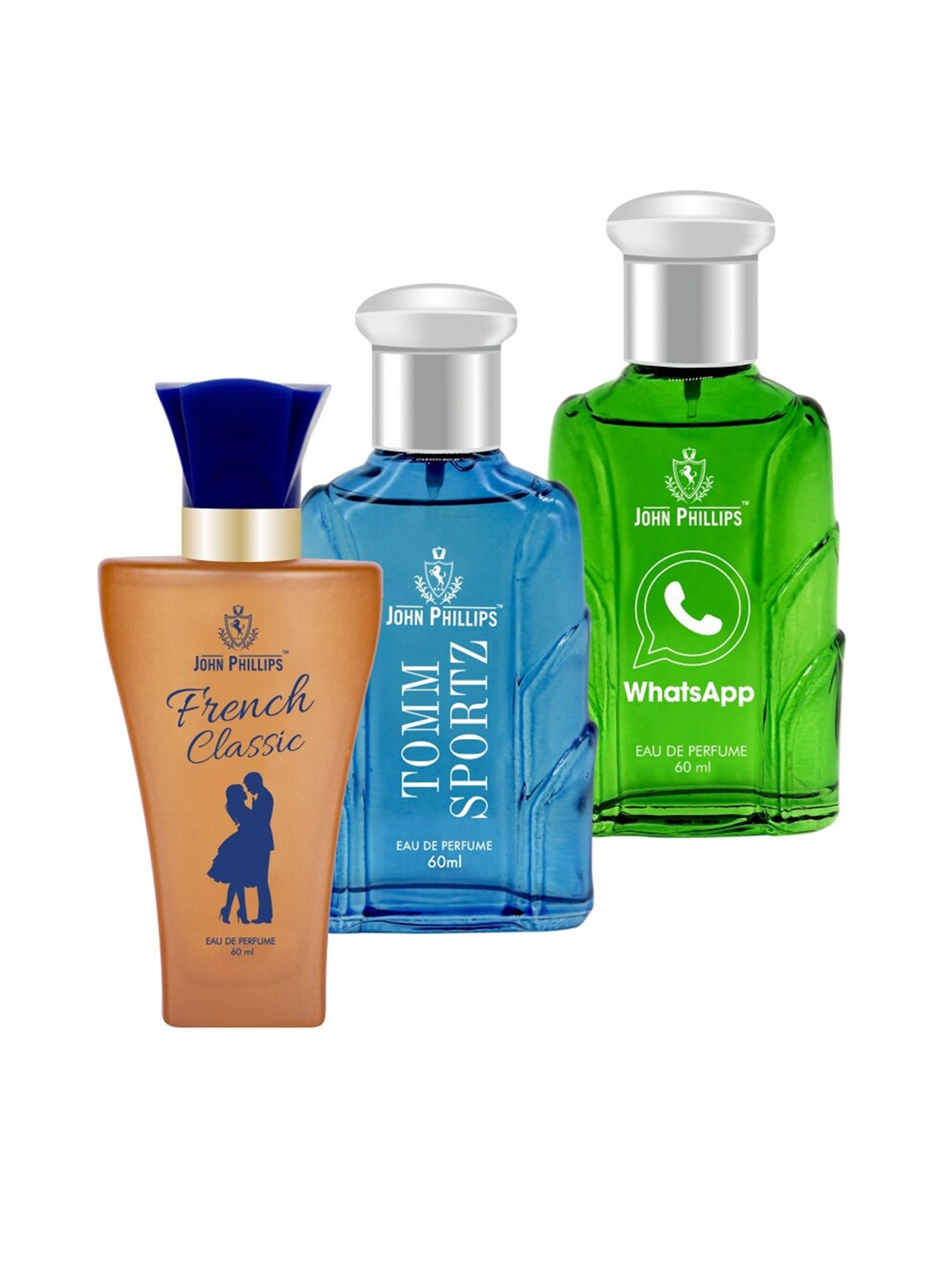 

JOHN PHILLIPS Set of 3 Eau De Parfum 60ml Each-French Classic + Tomm Sportz + WhatsApp, Blue