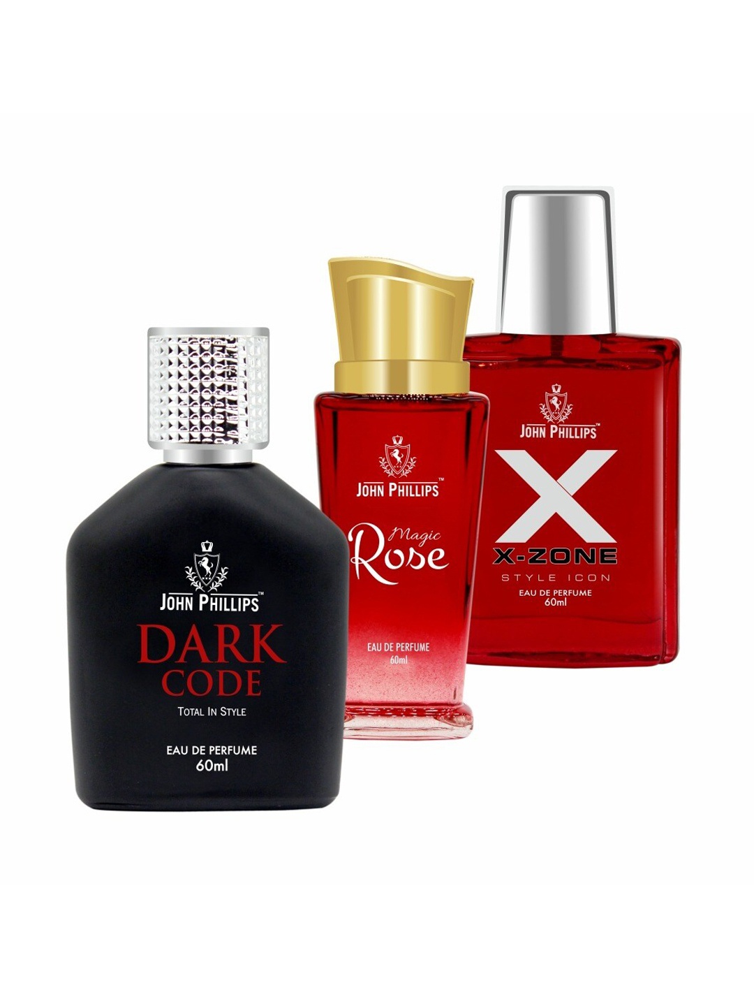 

JOHN PHILLIPS Set of 3 Eau De Parfum - Dark Code + Magic Rose + XX-Zone - 60ml Each, Black