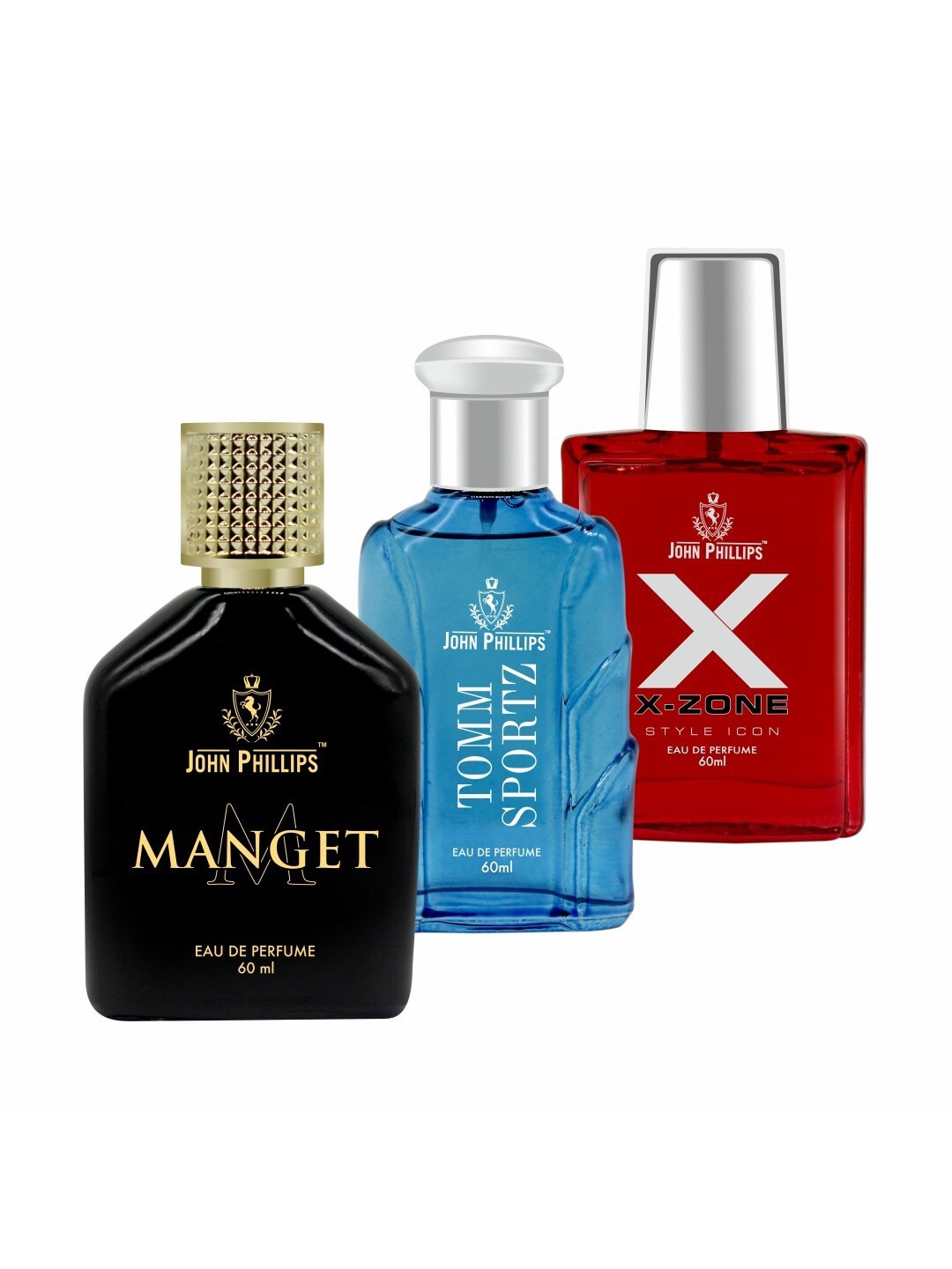 

JOHN PHILLIPS Set of 3 Eau De Parfum- Manget + Tomm Sportz + XX-Zone Style Icon- 60ml Each, Black