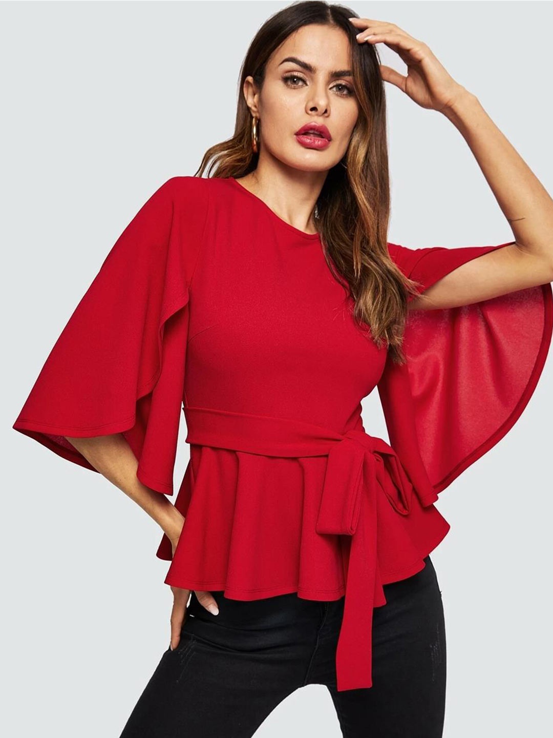 

Kotty Red Waist Tie-Up Flared Sleeves Top