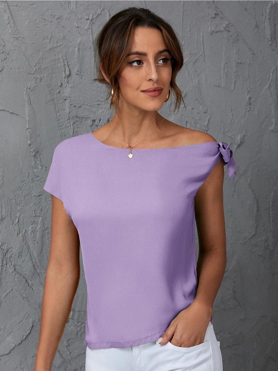 Kotty Purple One Shoulder Tie Up Extended Sleeves Regular Top