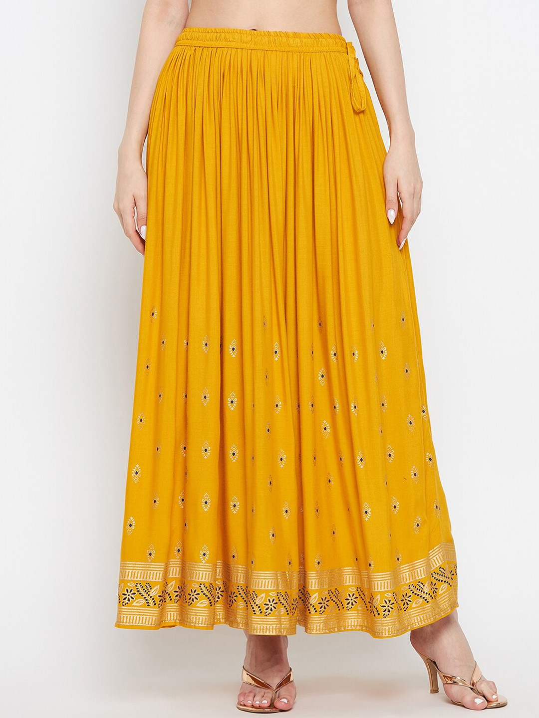 

Clora Creation Ethnic Motifs Printed Flared Maxi Skirts, Mustard