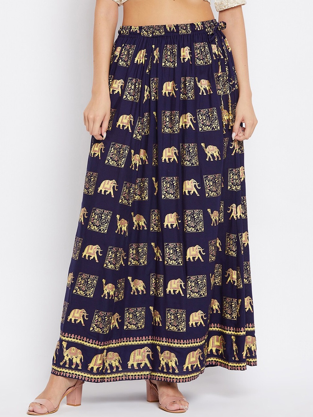 

Clora Creation Ethnic Motifs Printed Flared Maxi Skirts, Navy blue