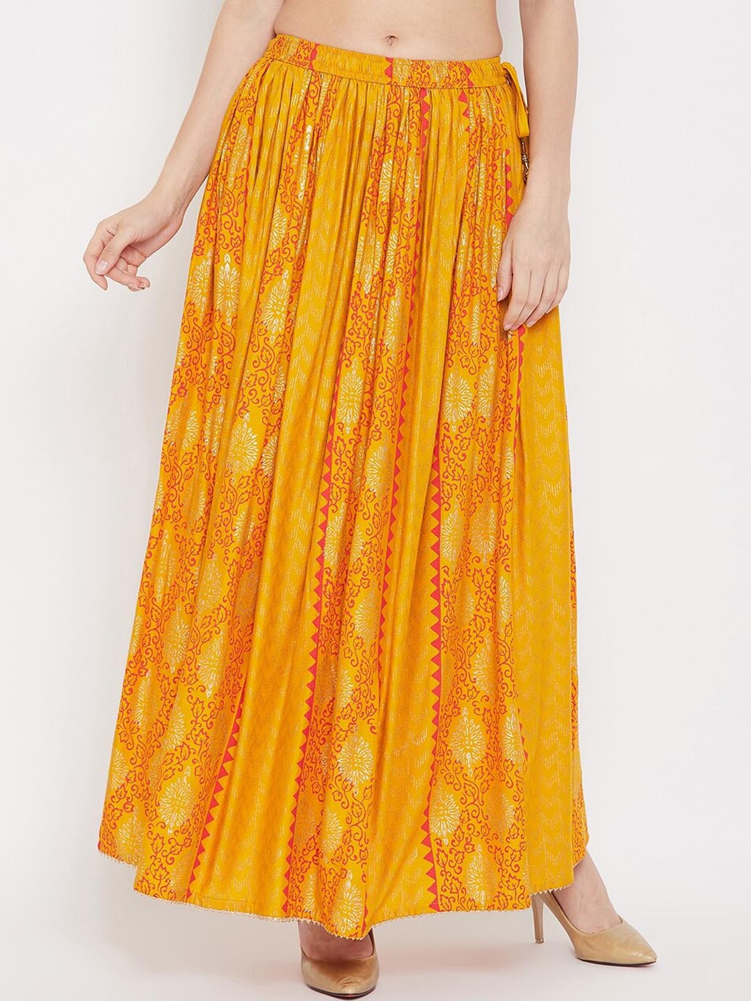 

Clora Creation Ethnic Motifs Printed Flared Maxi Skirts, Mustard