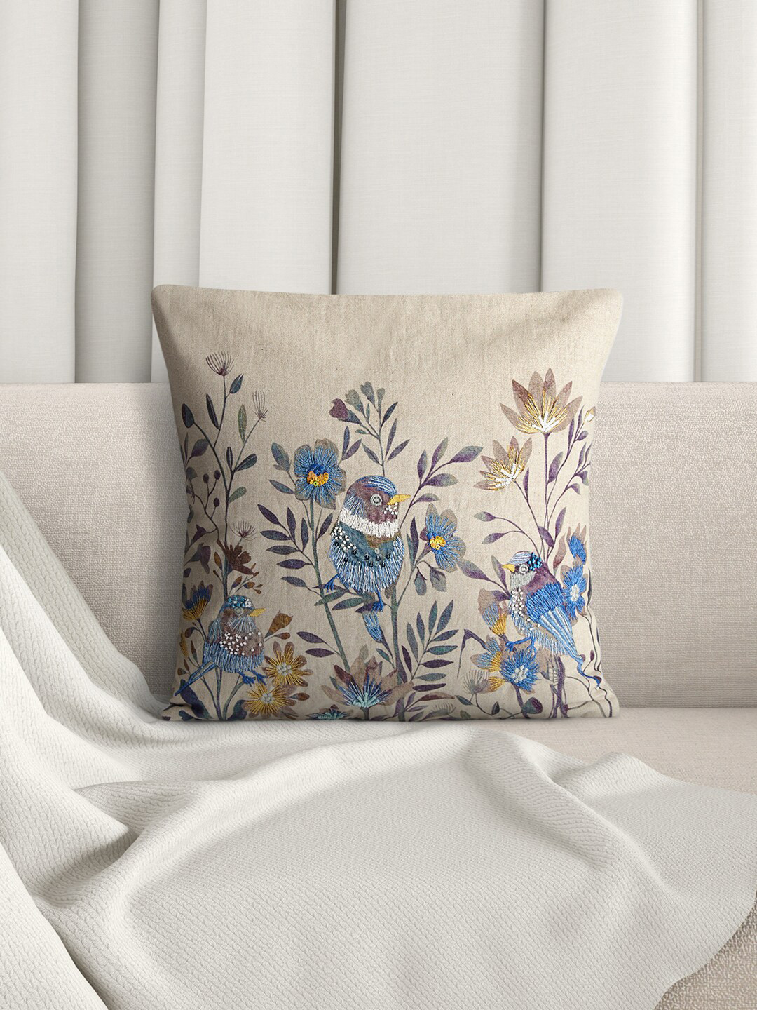 

Living scapes by Pantaloons Blue & Cream Floral Embroidered Cotton Square Cushion Cover