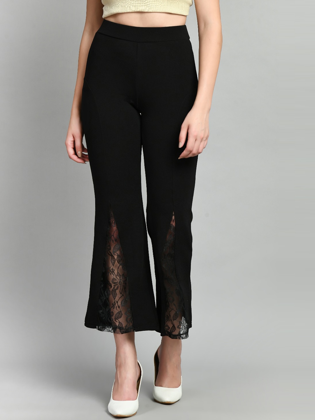 

IUGA Women Relaxed Straight Leg Lace Inserts Trousers, Black