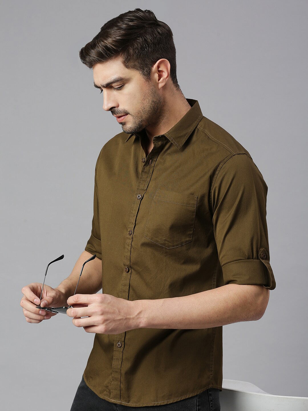 

HERE&NOW Classic Slim Fit Opaque Casual Shirt, Olive