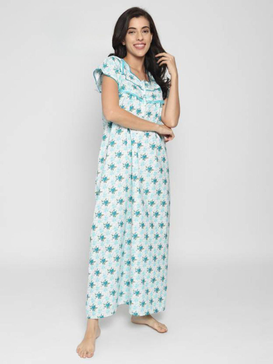 

Noty Floral Printed Square Neck Maxi Nightdress, Turquoise blue