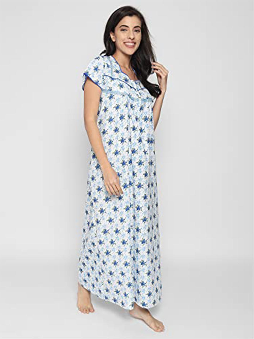 

Noty Floral Printed Pure Cotton Maxi Nightdress, Blue