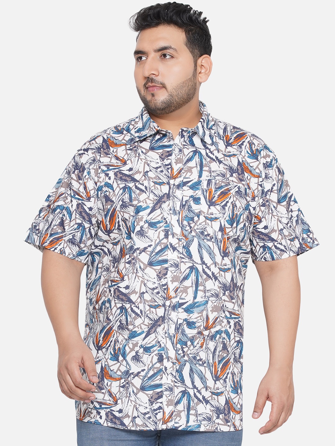 

Santonio Men Plus Size Floral Printed Pure Cotton Casual Shirt, White