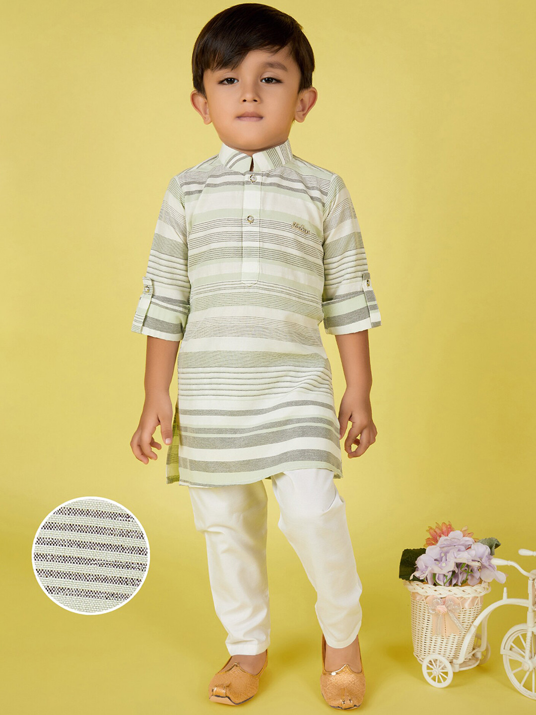 

KIDS FARM Boys Striped Pathani Kurta With Pyjamas, Green