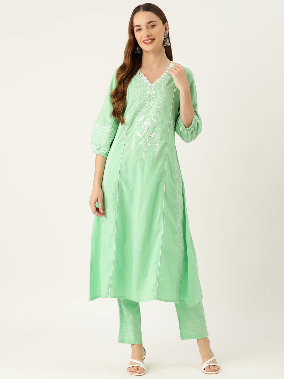 

MISRI Women Ethnic Motifs Embroidered Regular Thread Work Pure Cotton Kurta with Trousers, Green