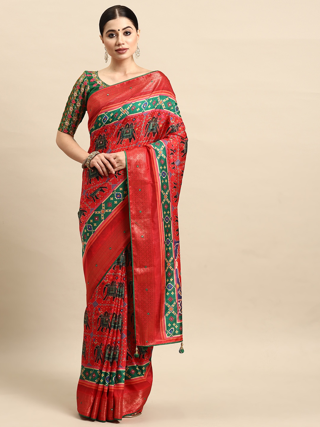 

MANOHARI Ethnic Motifs Printed Mirror Work Detail Art Silk Saree, Red