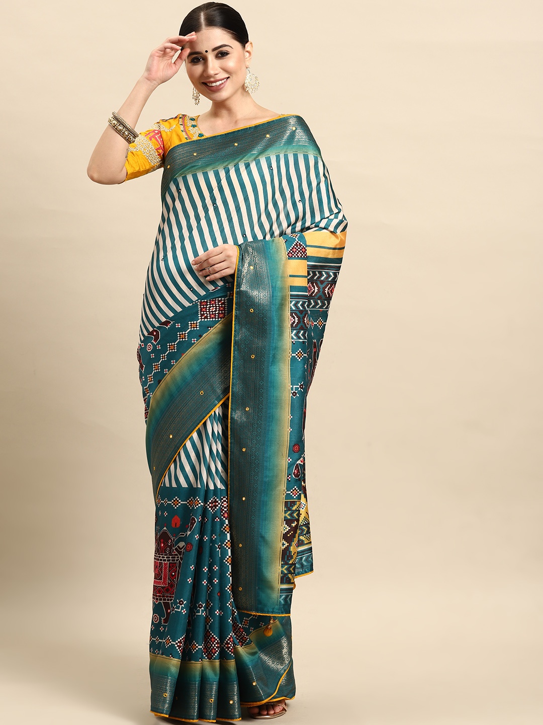 

MANOHARI Striped & Ethnic Motifs Printed Mirror Work Detail Art Silk Saree, Blue