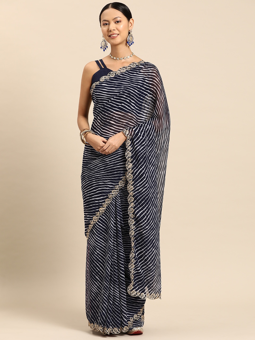 

SUTRAM Leheriya Zari Saree, Navy blue