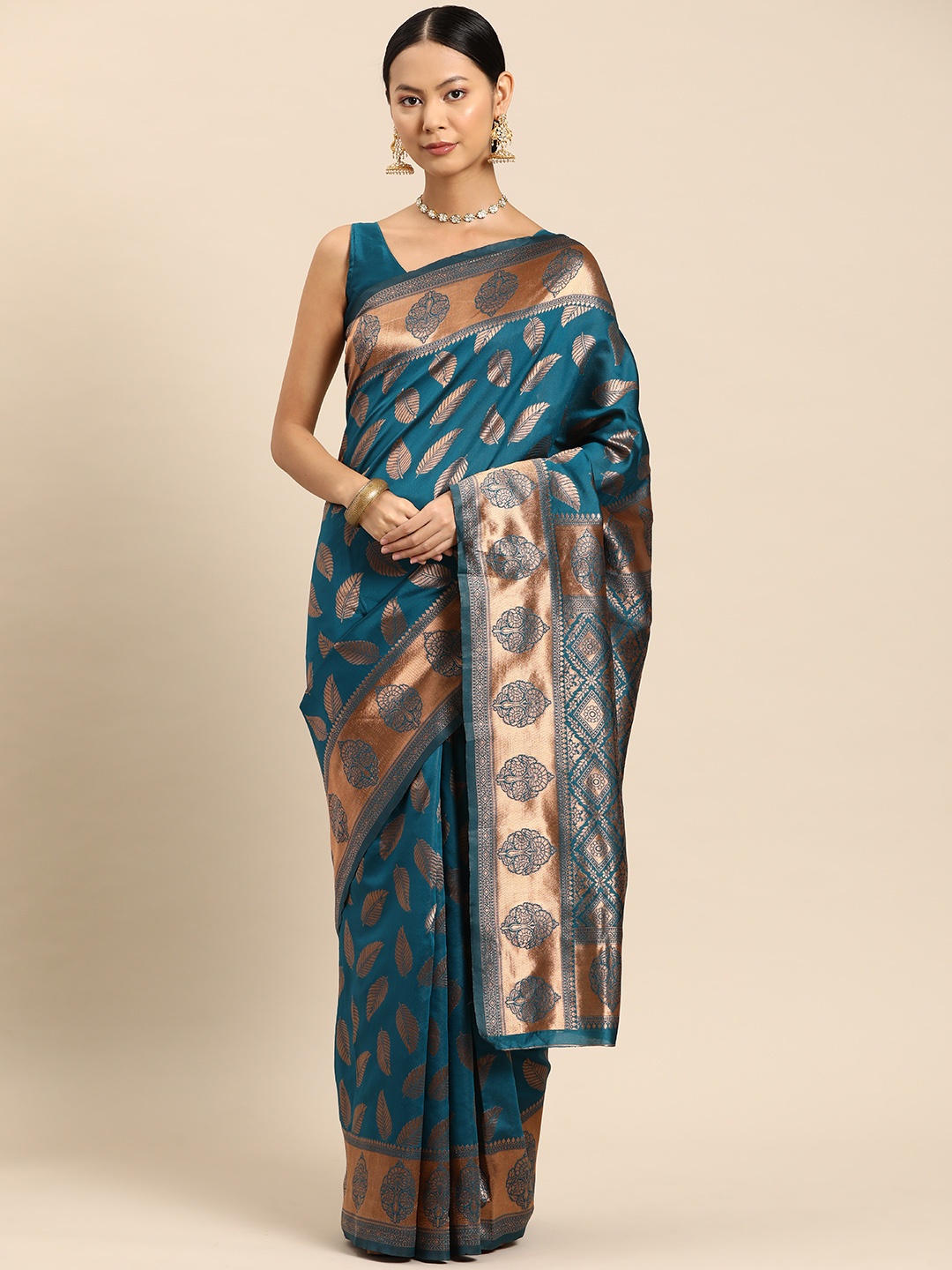 

SUTRAM Ethnic Motifs Zari Silk Blend Banarasi Saree, Teal