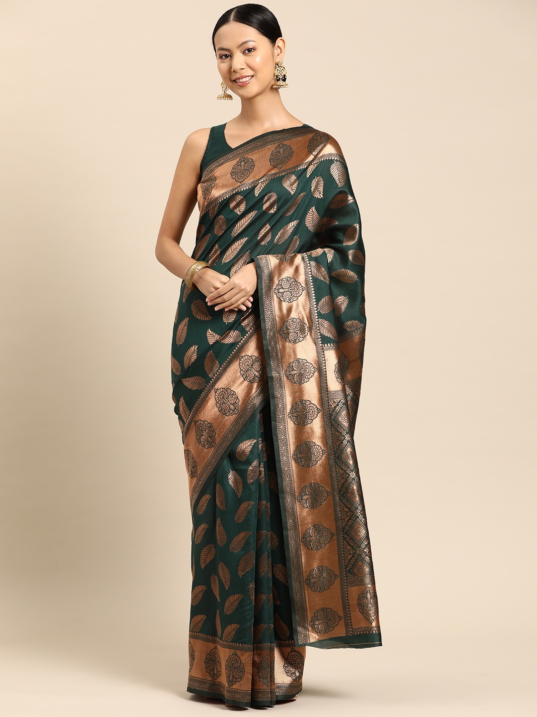 

SUTRAM Ethnic Motifs Zari Silk Blend Banarasi Saree, Green