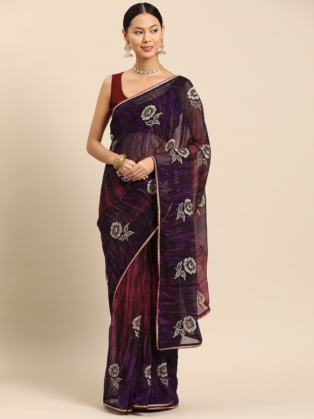 

SUTRAM Floral Zari Saree, Purple