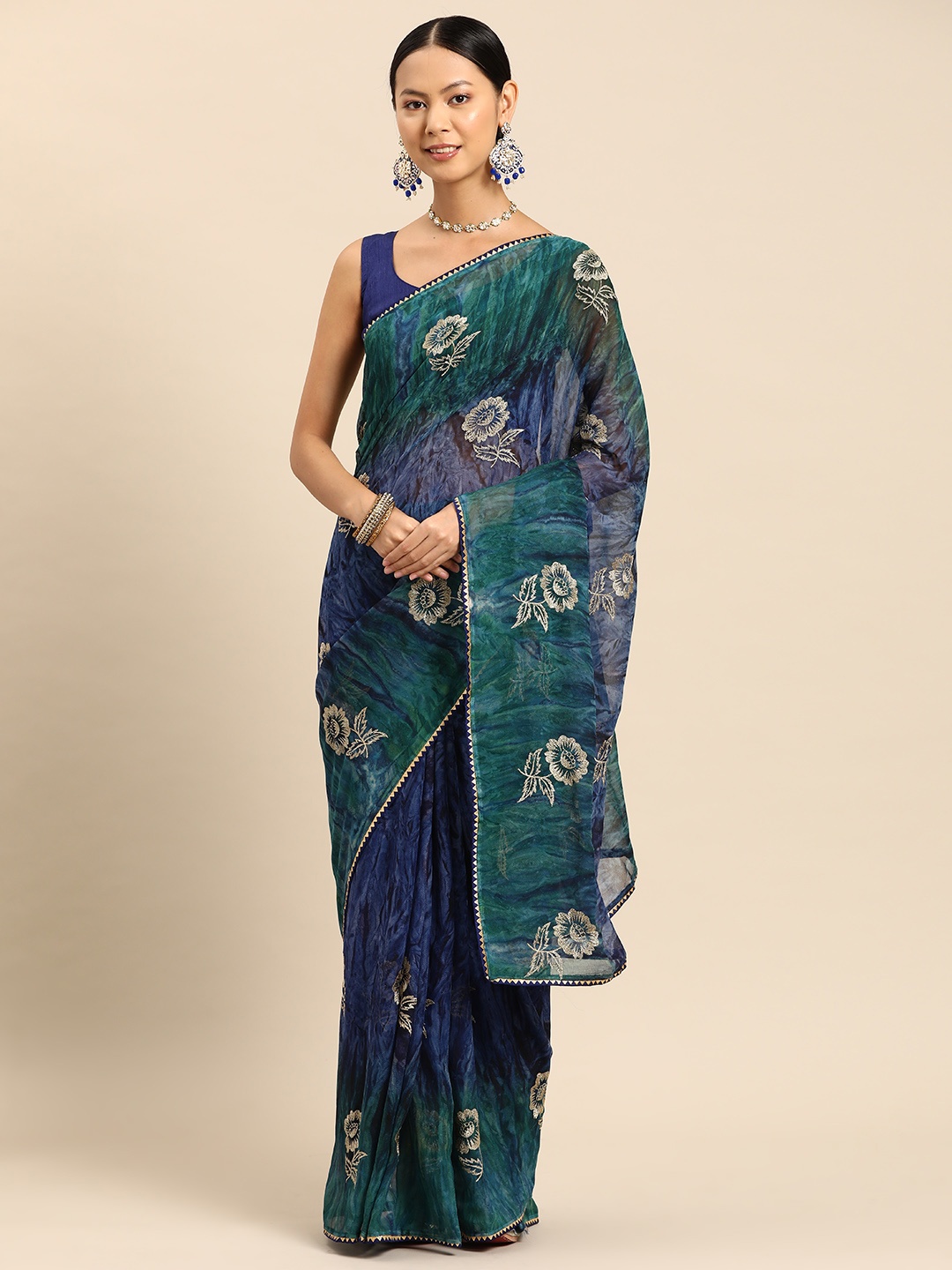 

SUTRAM Floral Zari Saree, Blue