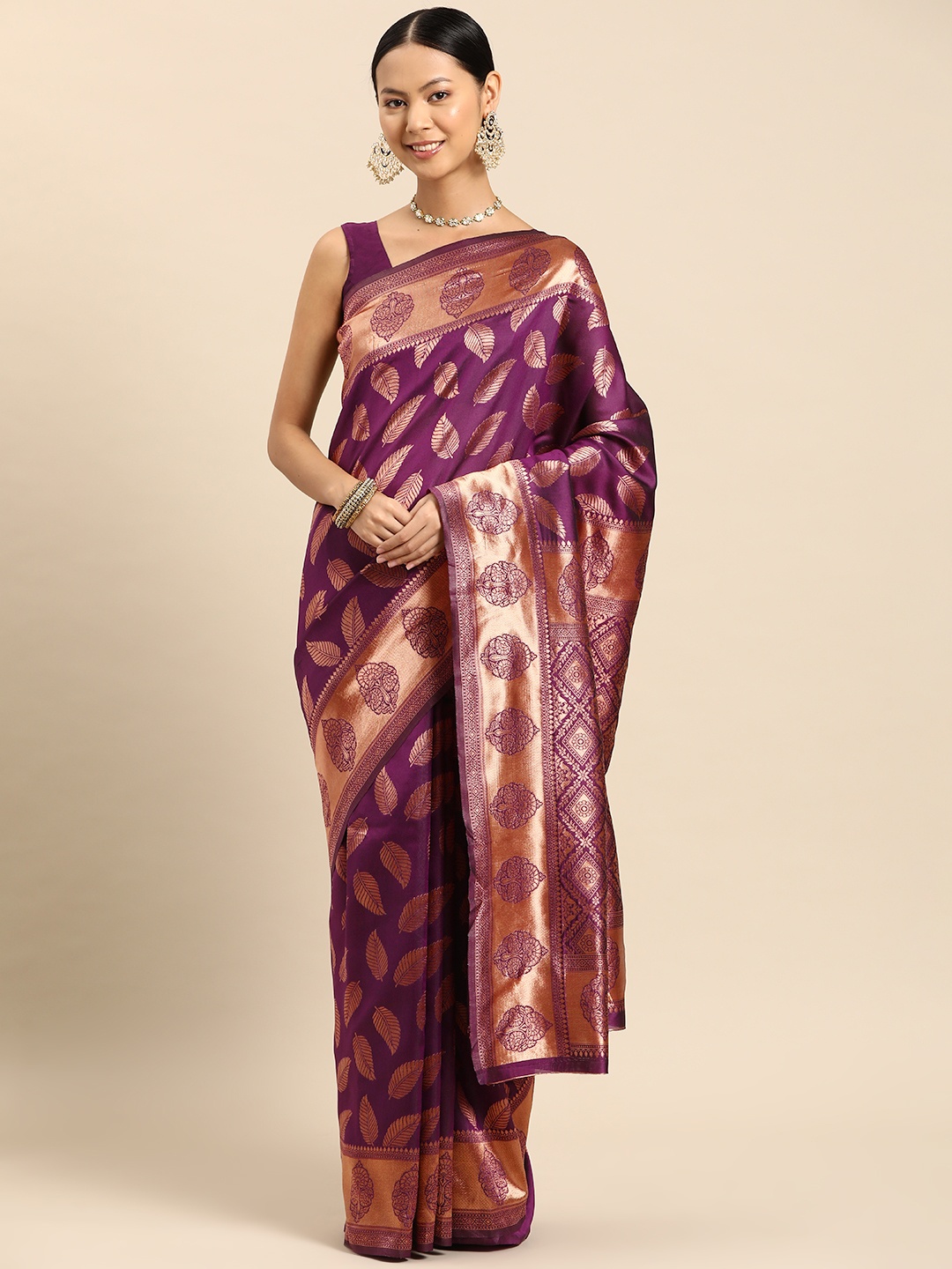 

SUTRAM Ethnic Motifs Zari Silk Blend Banarasi Saree, Purple