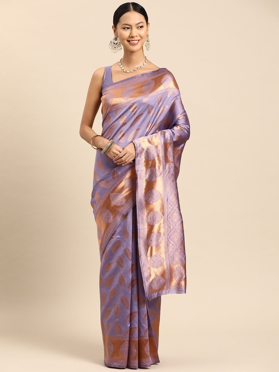 

SUTRAM Ethnic Motifs Zari Silk Blend Banarasi Saree, Violet