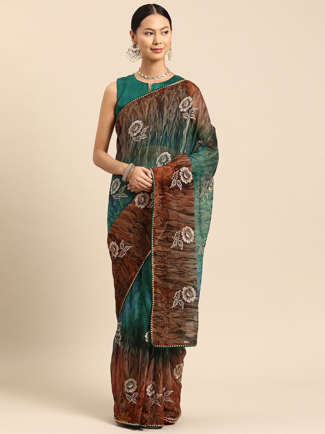 

SUTRAM Floral Embroidered Poly Georgette Saree, Teal