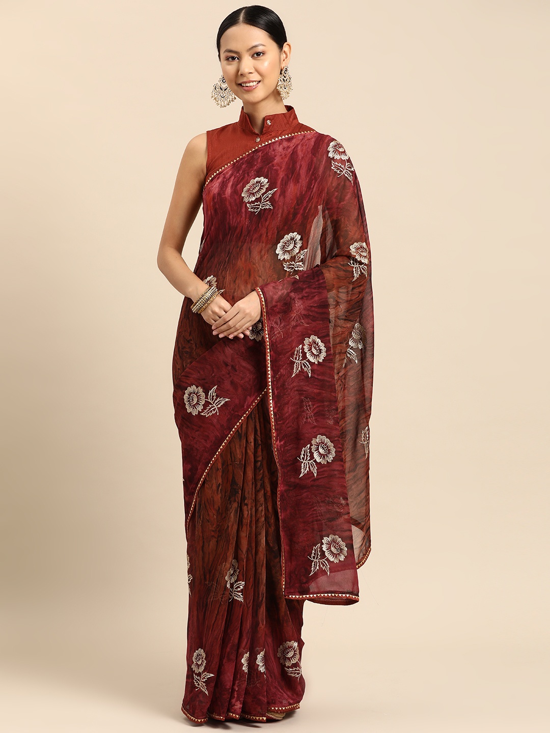 

SUTRAM Floral Embroidered Poly Georgette Saree, Brown