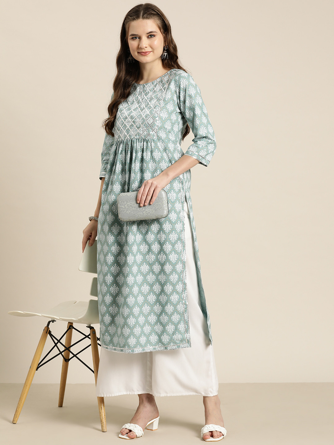 

HERE&NOW Women Ethnic Motifs Printed Cotton Gotta Patti Kurta, Green