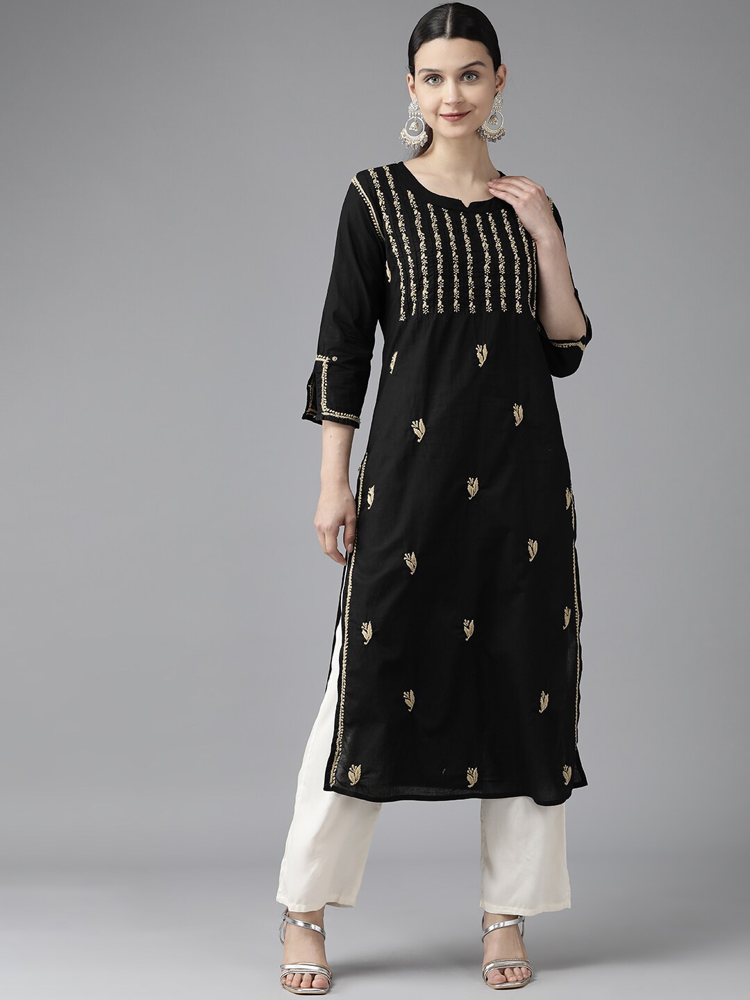 

ADA Women Chikankari Embroidered Straight Kurta, Black