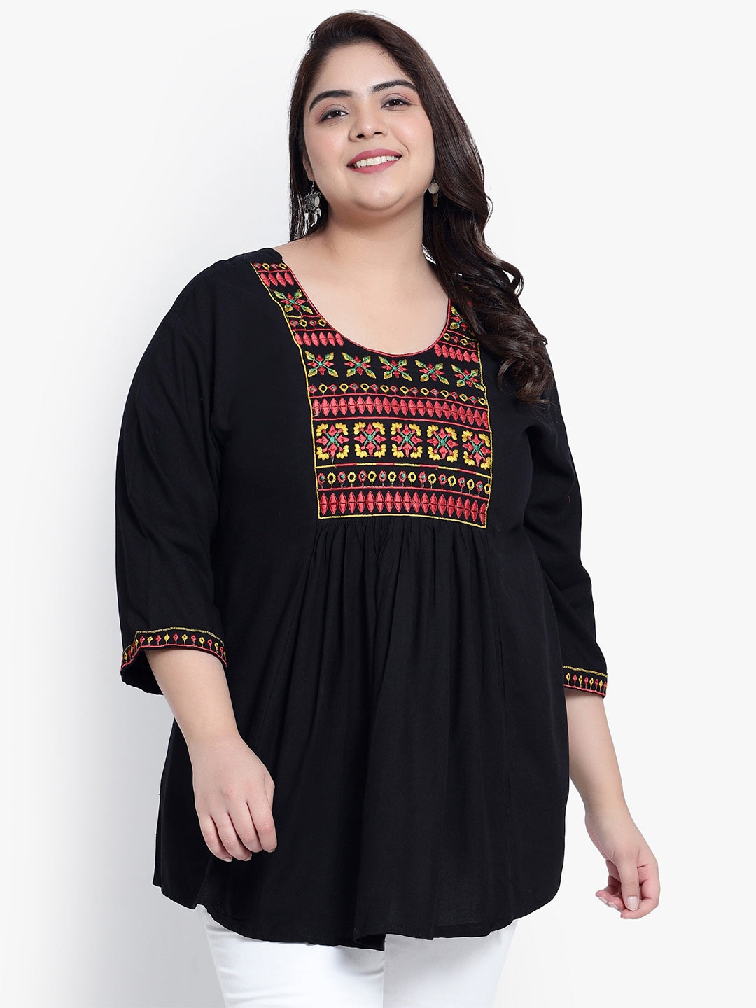 

Indietoga Plus Size Embroidered Yoke Design Regular Top, Black